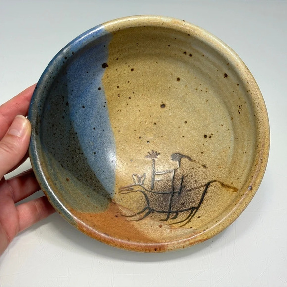 Handmade Stoneware Bowl with Native American Primitive Horse & Rider Drawing - Picture 2 of 8